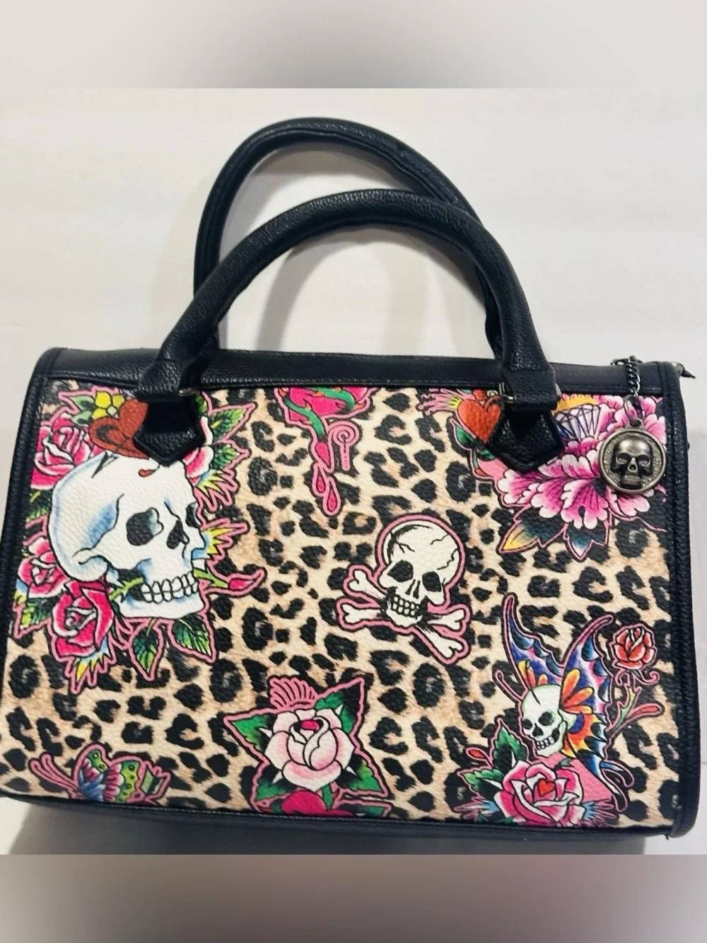 Ed Hardy Floral Skull Leopard Print Satchel - Handbag